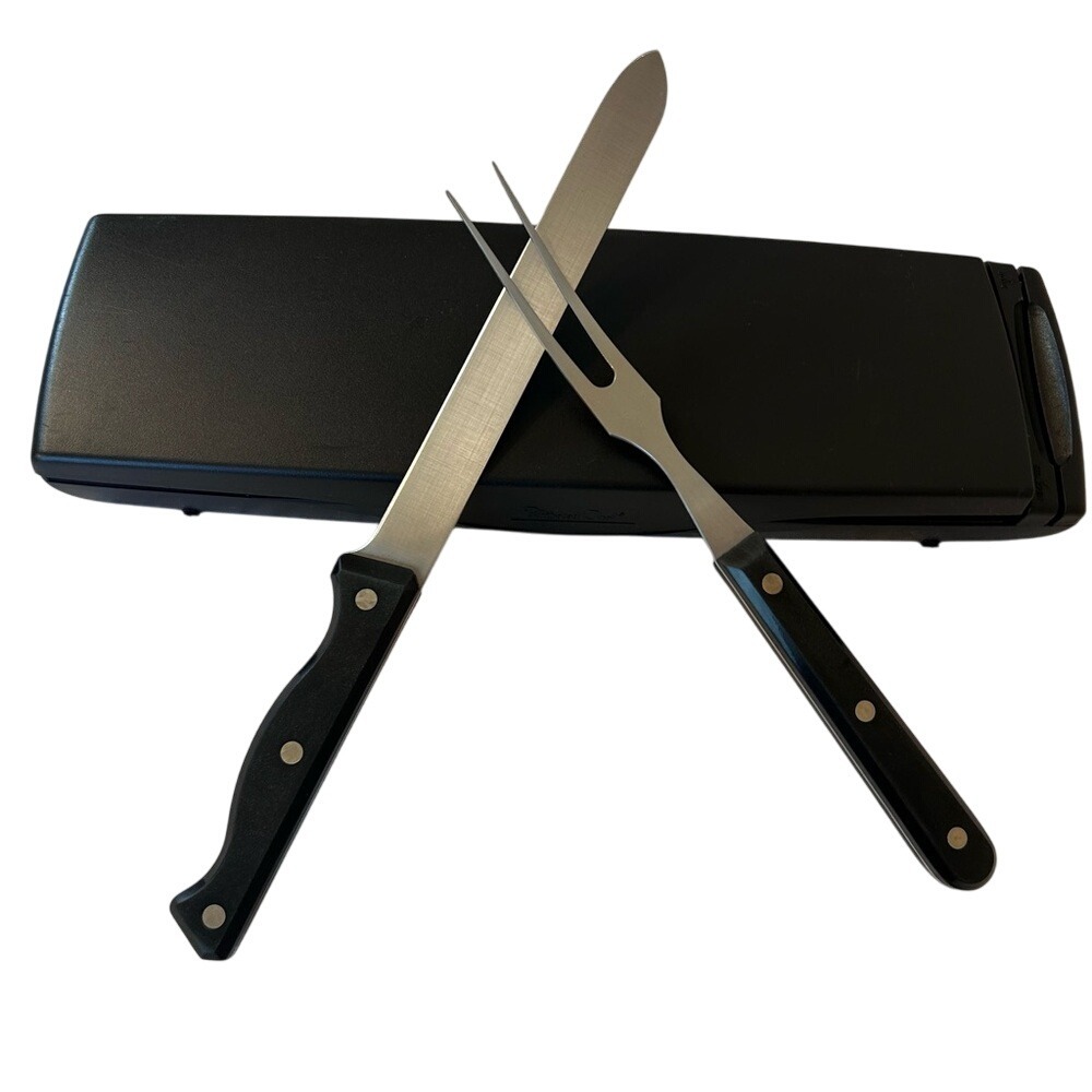Pampered Chef Knife and Fork Carving Set with Sharpener Equipped Case